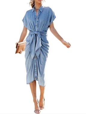 Denim Button Down Collared Shirt Dress Tie Waist Medium Wash Blue Sz XXL